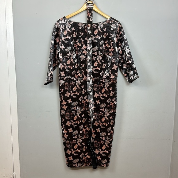 Unique Vintage *Sample* Adelia Black Pink Floral Velvet Wiggle Dress Sz 2X - Picture 2 of 10